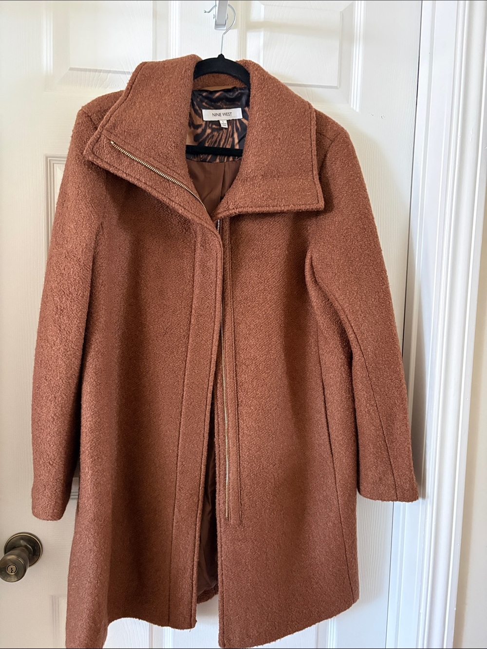 Nine West Rust Brown Wool-Blend Pea Coat with Zip Front